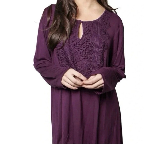 Roaman's Tops - Roaman Purple Plum Lace Crochet Front Long Sleeve Keyhole Tunic Top Blouse 18/20